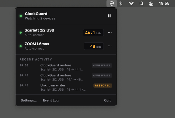 ClockGuard's menu bar dropdown on macOS. Two audio interfaces are listed — Scarlett 2i2 USB showing 44.1 kHz and ZOOM L6max showing 48 kHz — each with a green status light and set to auto-correct, above a list of the most recent sample rate events.