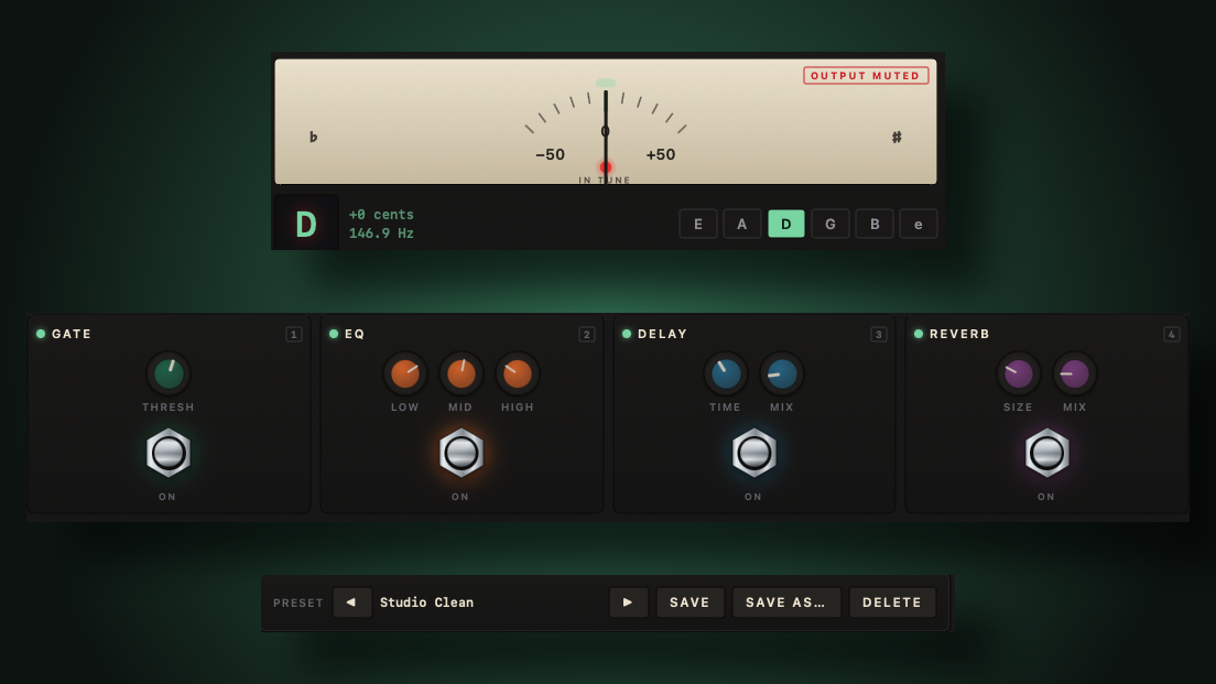 Three details of the Jackplate interface on a dark green background: the chromatic tuner reading D at +0 cents and 146.9 Hz with the needle centred, the four effect cards — gate, EQ, delay and reverb — all switched on, and the preset row with a preset named Studio Clean loaded.