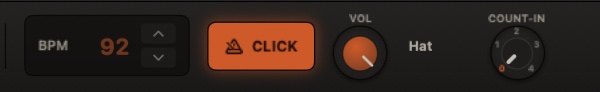 The click cluster on the transport: BPM at 92, the CLICK button lit amber, the click volume knob with the Hat voice selected, and the COUNT-IN knob with its 0–4 ring.