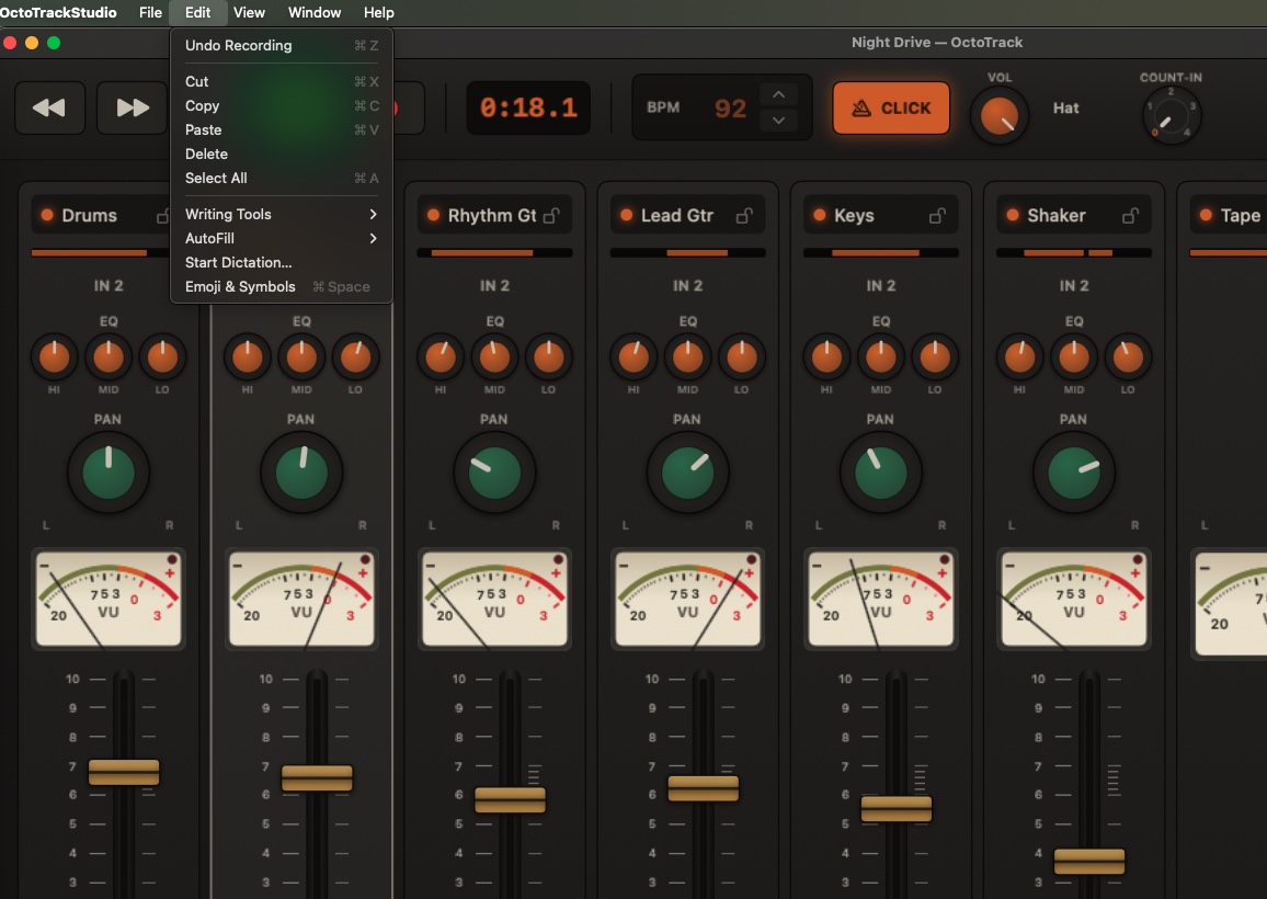 The Edit menu open over the console, showing the single Undo Recording command (⌘Z), the one level of take undo.