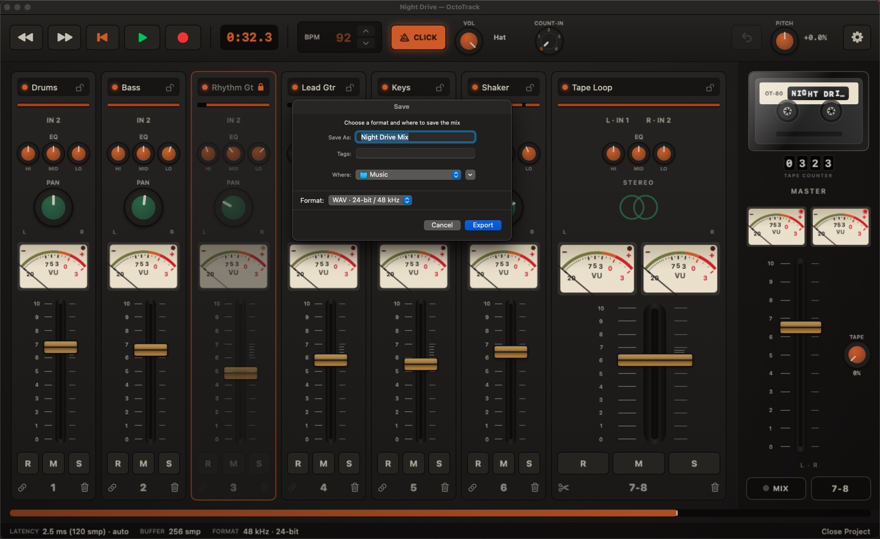 The Export Mix save panel over the console, with the format picker set to WAV 24-bit / 48 kHz and an Export button.