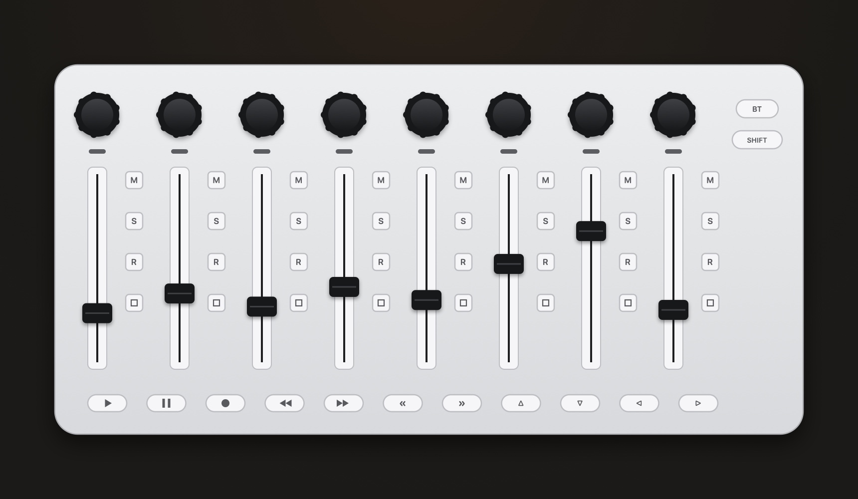 Illustration of a compact Mackie Control surface: eight faders with mute, solo and record buttons, eight V-Pot knobs and a transport row, the layout OctoTrack maps automatically.