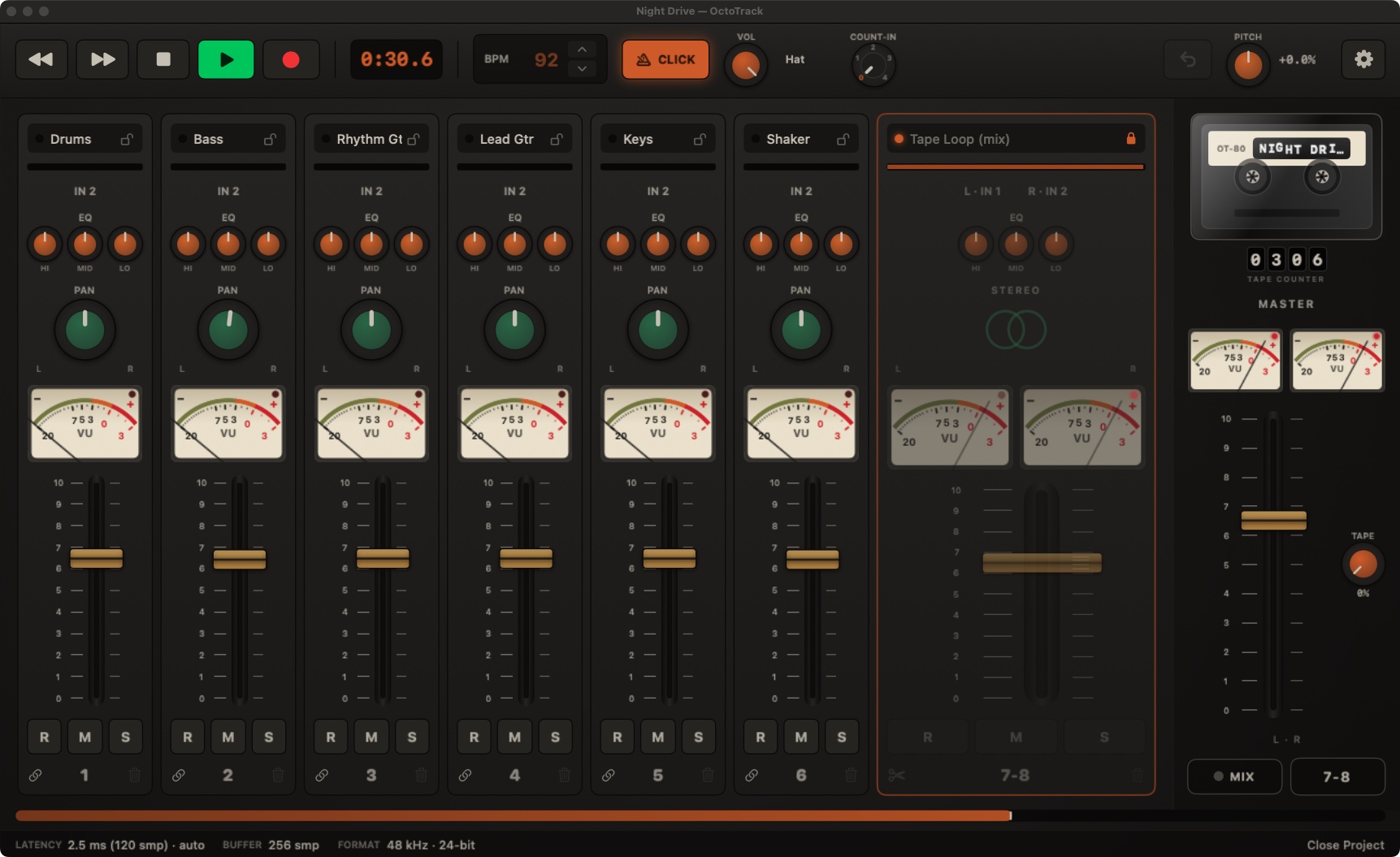 The console after a ping-pong: tracks 1–6 empty and ready, and the whole mix printed on the locked 7-8 stereo pair, its padlock closed and activity bar full.