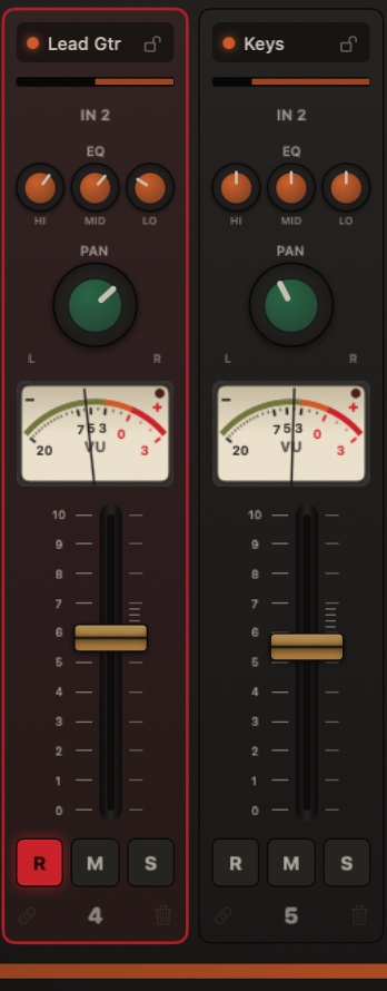 Two channel strips up close: the Lead Gtr track armed with its red REC button lit, EQ knobs, pan, a VU needle mid-swing and the fader where the hand left it.