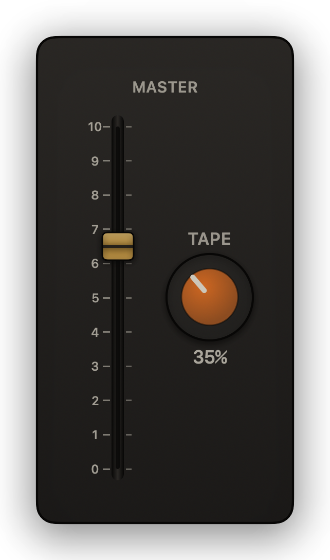 The master section of the console: the master fader with the amber TAPE knob beside it, turned to 35%.
