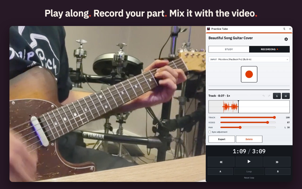 Practice Tube's Recording tab next to the video: the input is the built-in microphone, a 37-second track is drawn as a red waveform, and sliders set the track volume, the video volume and the pan.