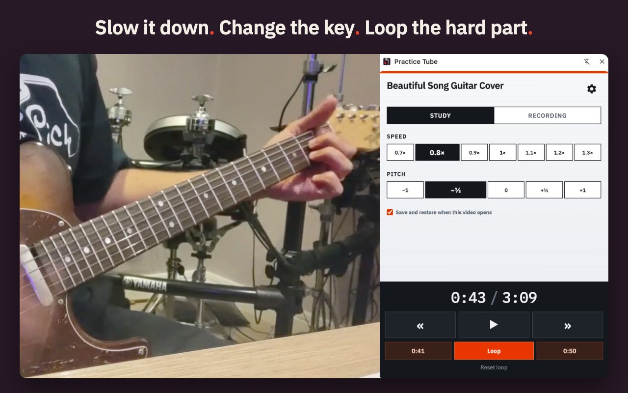 Practice Tube's side panel next to a YouTube video of a guitar being played. The Study tab is open with the speed at 0.8×, the key half a step down and an A-B loop from 0:41 to 0:50 switched on.
